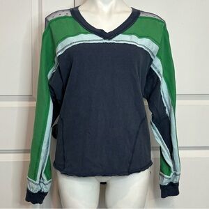 We The Free People Roadside Blue Green Sheer Panel V-neck Pullover Tunic Top XS